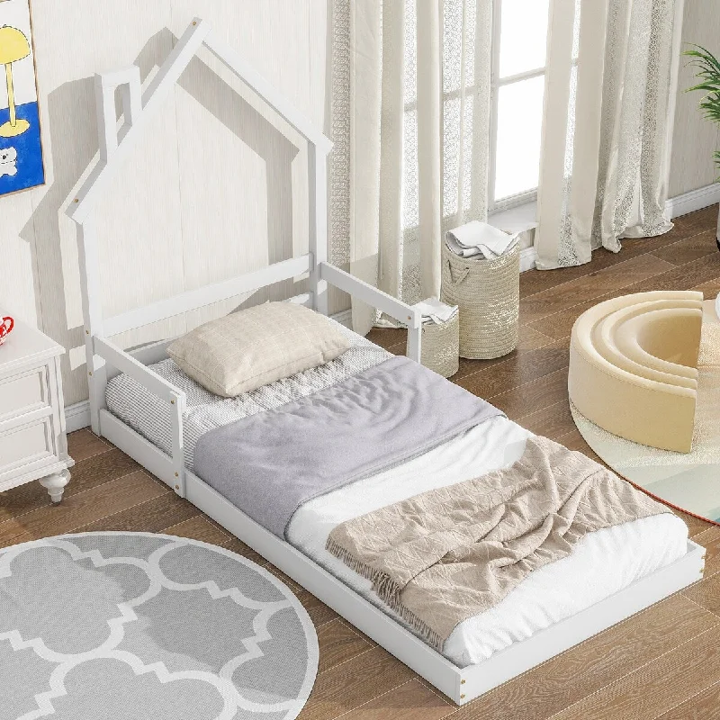 Fun Floor Bed, Wooden Twin House Mattresses Bed with Fences, White