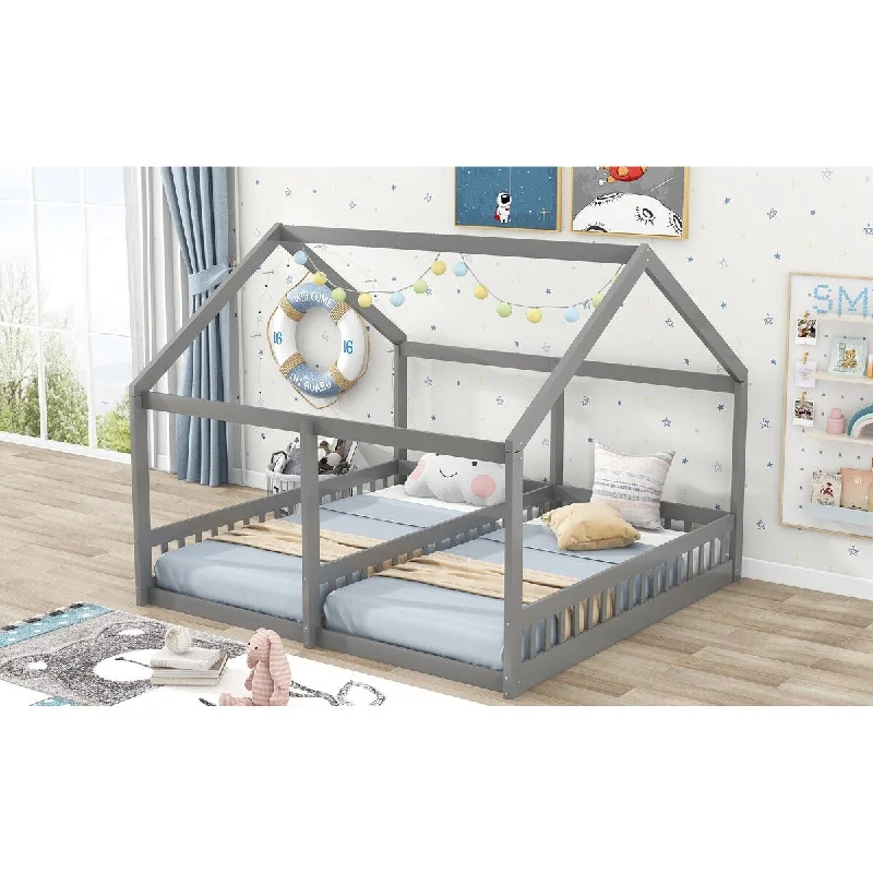 Gray Twin Bed for 2 Kids Double Shared Bed with Fence, Roof