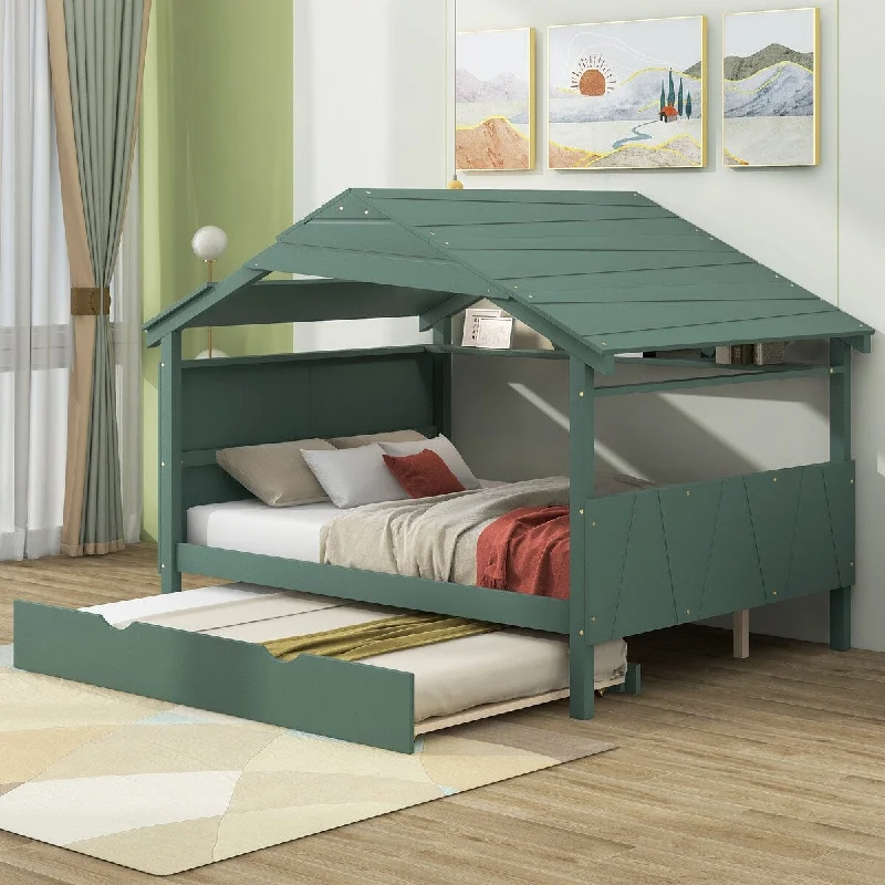 Green Full Size Daybed House-shaped Bed with Roof, Trundle, Shelves