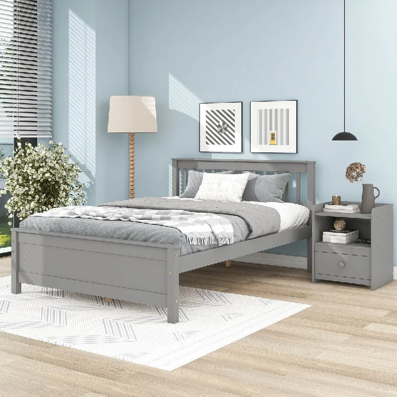 Grey Full Size Platform Bed with Slatted Headboard, Footboard, and Nightstand - Elegant Solution for Kids, Teens, and Adults