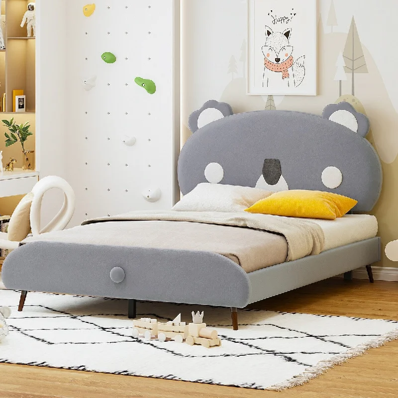 Grey Full Size Upholstered Platform Bed with Animal Shaped Headboard