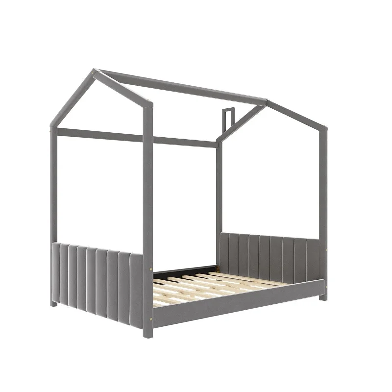 Grey Twin Size Velvet House Bed with Roof, Wooden Frame with Velvet Protection