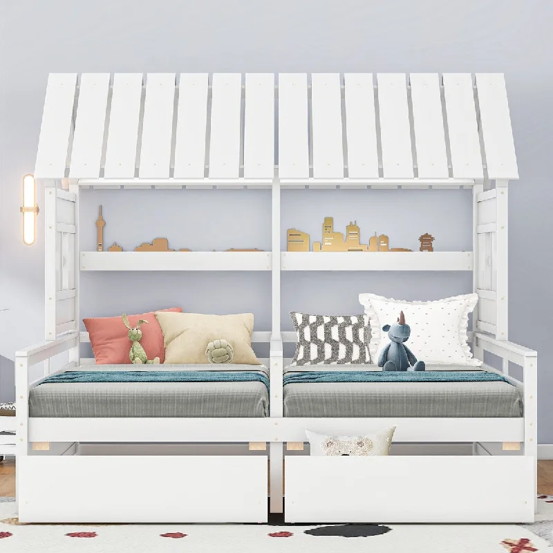 House Beds with 2 Drawers Sectional of 2 Side By Side Twin Beds, White