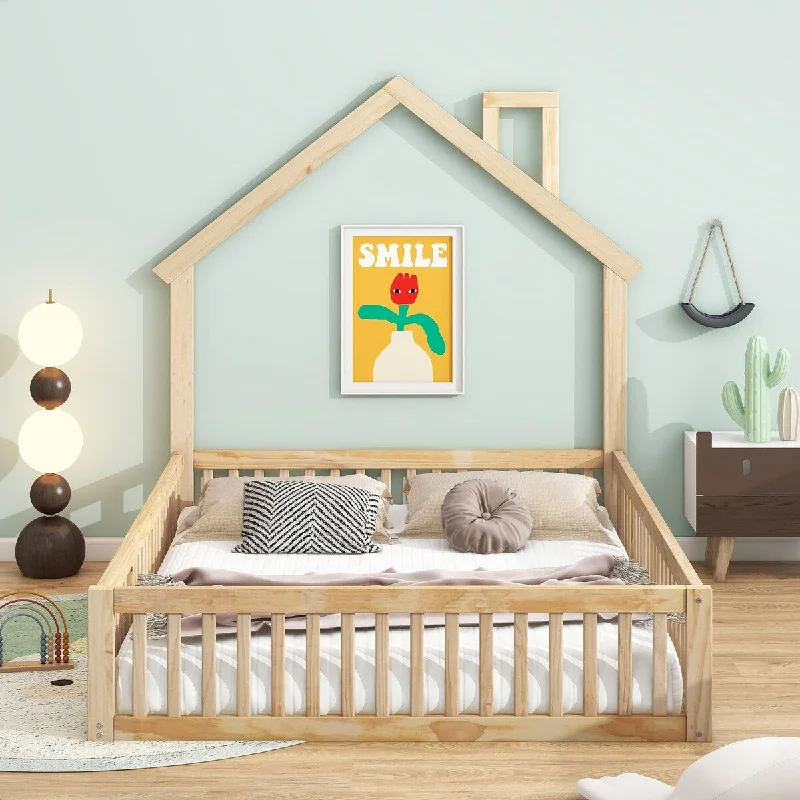 House-shaped Bed Full Floor Bed Frame with Chimney, Fence and Door