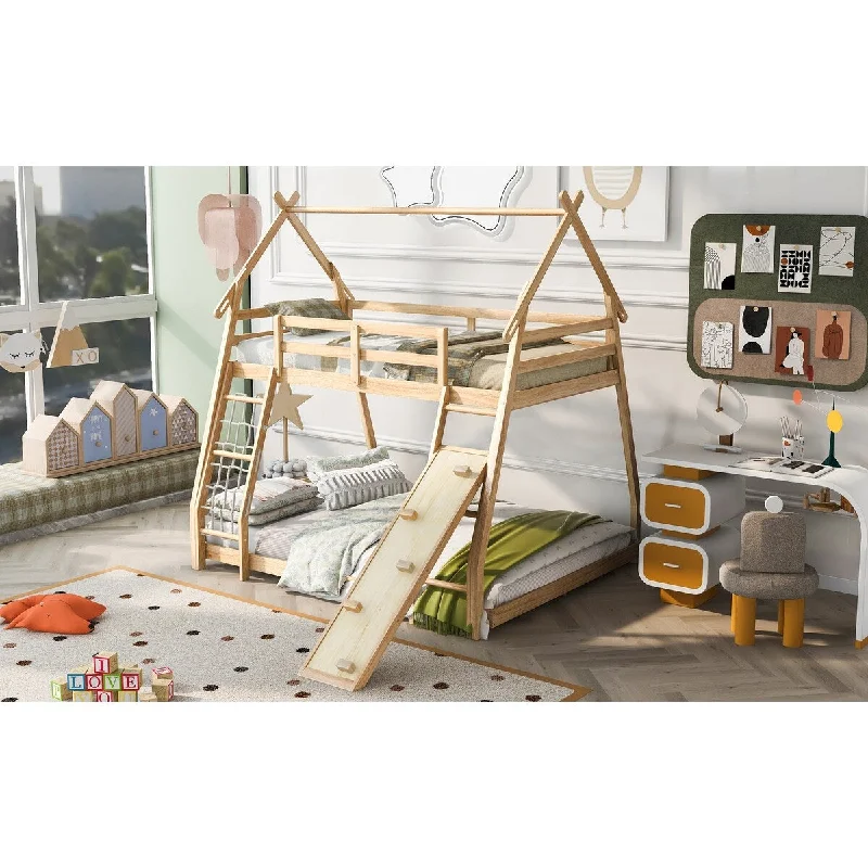 House-shaped Frame Bed Playhouse BunkBeds for Kids Boys Girls Twin Over Queen House Bunk Bed with Climb Nets and Climbing Ramp