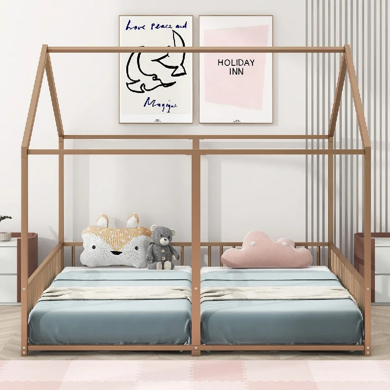 Kids House-shaped Metal Frame Bed Montessori Floor Bed with Rails Two Shared Twin Side by Side Platform Bed for Twins