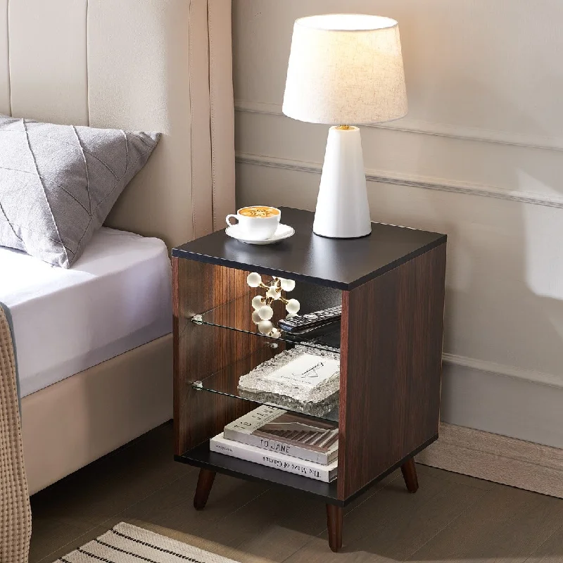 LED Walnut Nightstand with Glass Shelves and Adjustable LED Lighting for Bedroom