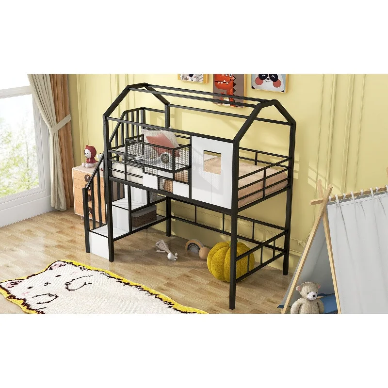 Loft House-shaped Bed Frame with Stairs, Shelves Underneath, Metal Loft Bed with Bedside Storage Box, Roof and Window, Twin