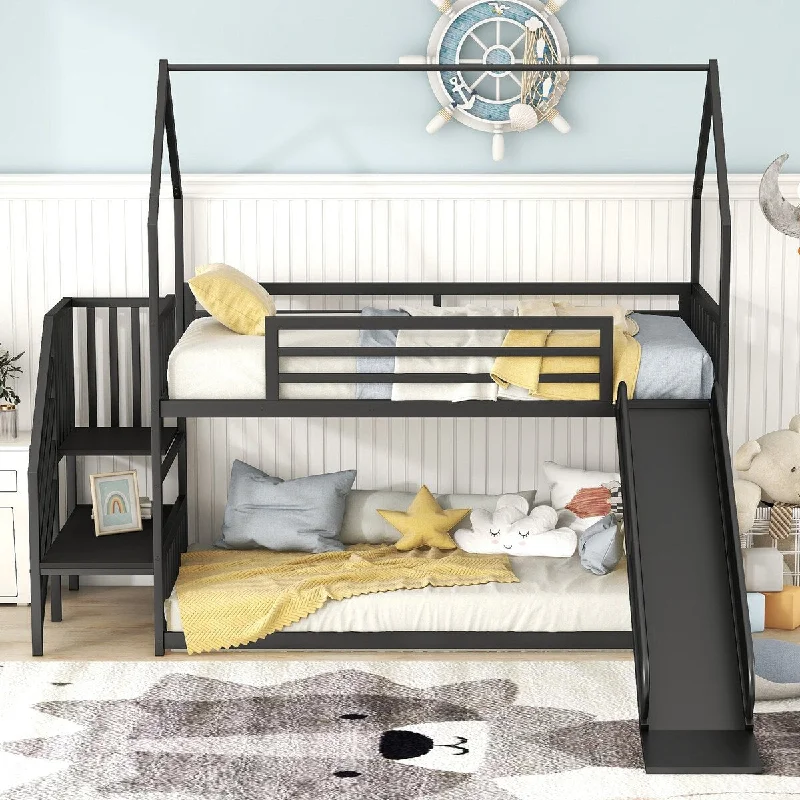 Low Bunk Bed Metal Frame House Bed Twin Over Twin with House Roof Frame, Noslats Floor Bed, Slide and Storage Shelf Staircase