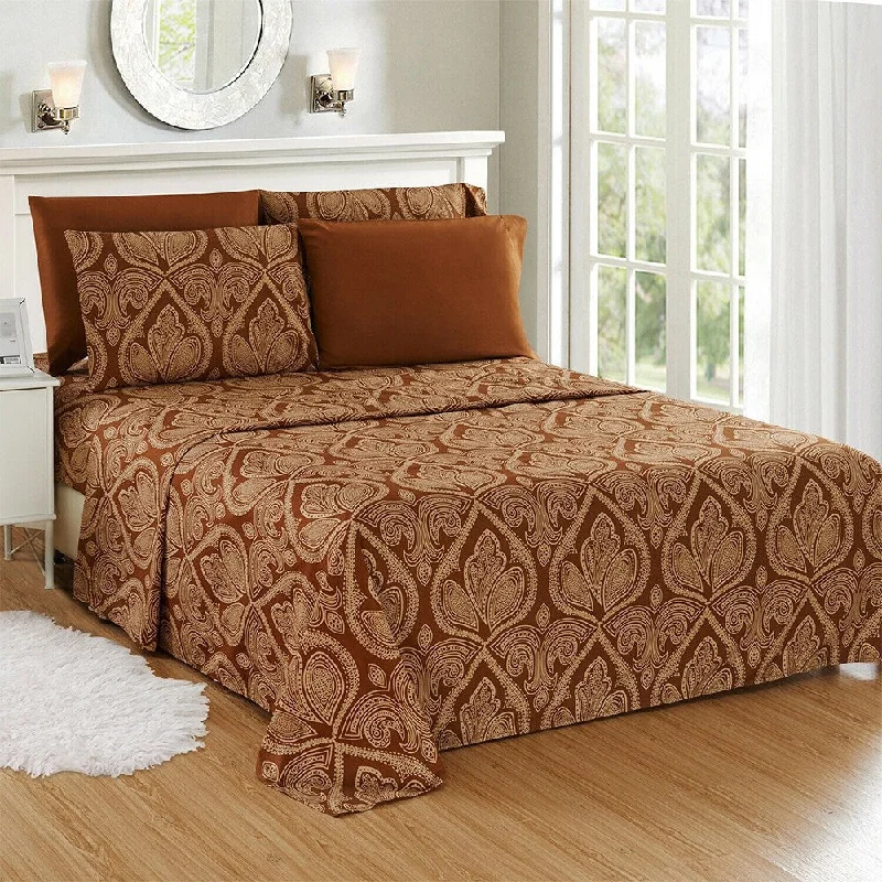 Luxury 6 Piece Bed Sheet Set 1800 Count Paisley CalKing Chocolate