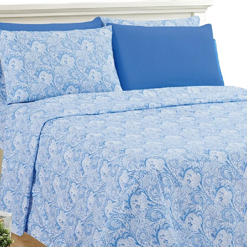 Luxury 6 Piece Bed Sheet Set 1800 Count Paisley Queen White Blue