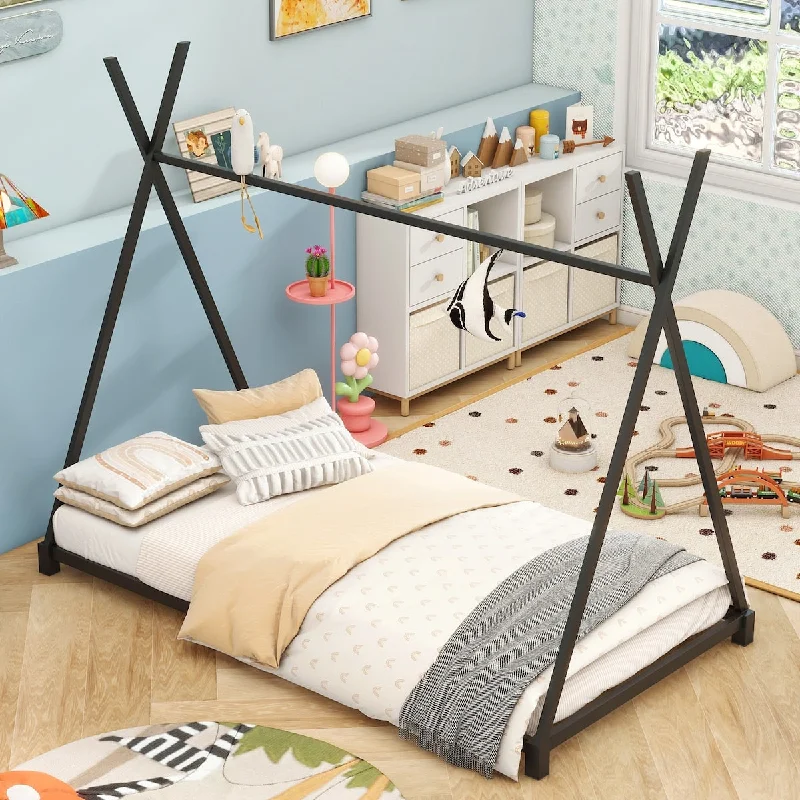 Metal Twin Size House Platform Bed with Triangle Structure