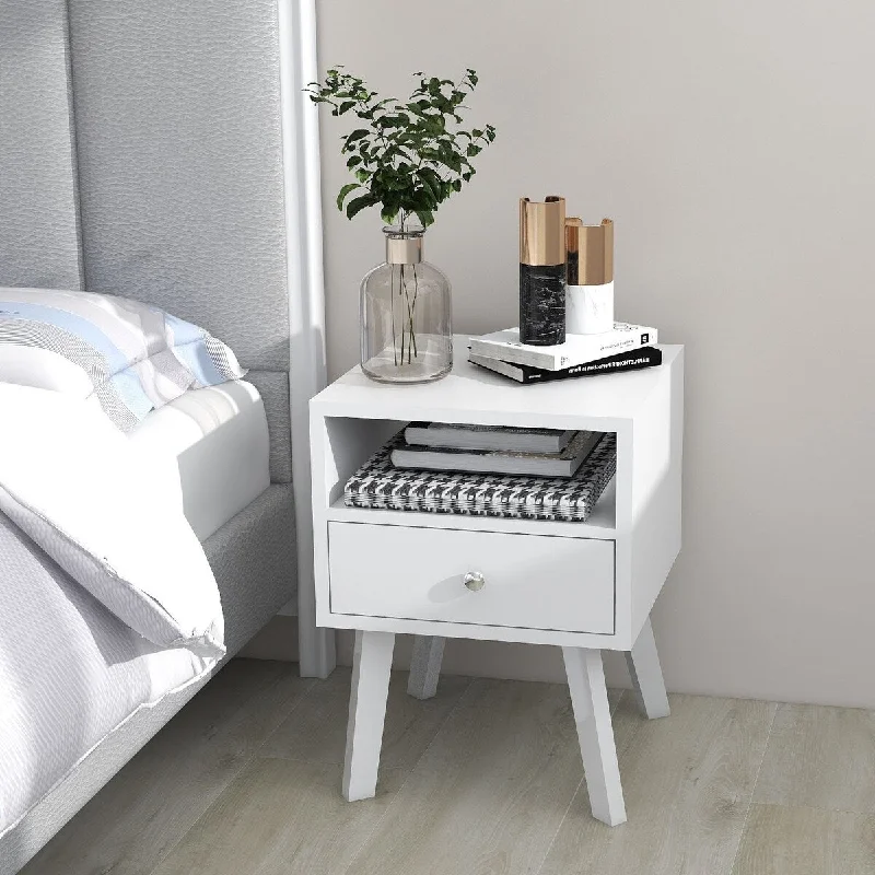 Mid-Century Modern Bedside Table, 1 Drawer with Open Shelves, White