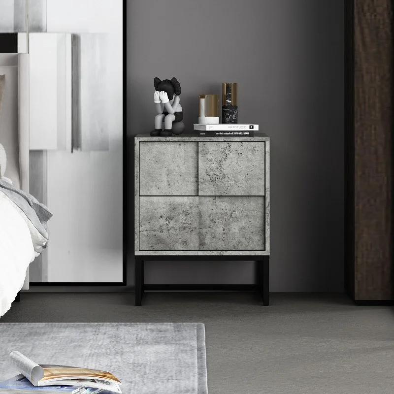 Modern Industrial Style Gray Veneer Bedside Table with Two Drawers, Suitable for Bedrooms and Living Rooms, Easy Cleaning