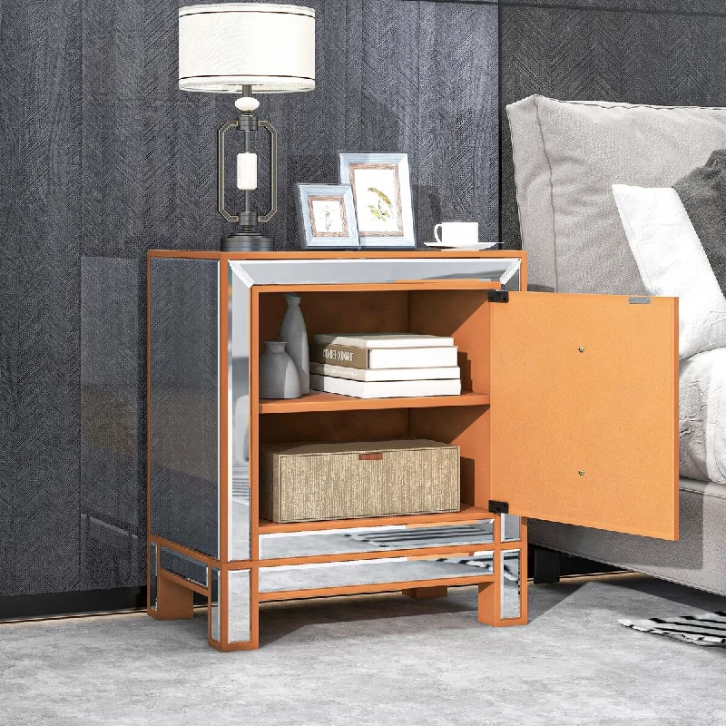 Modern Mirrored Nightstand with 2 Storage Cabinets & Crystal Knobs for Living Room/Bedroom, Silver