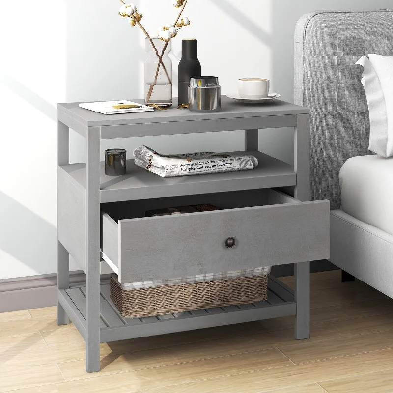 Modern Pine Wooden Nightstand with Metal Handle Drawers Storage and 2 Open Storage Shelf, for Living Room/Bedroom