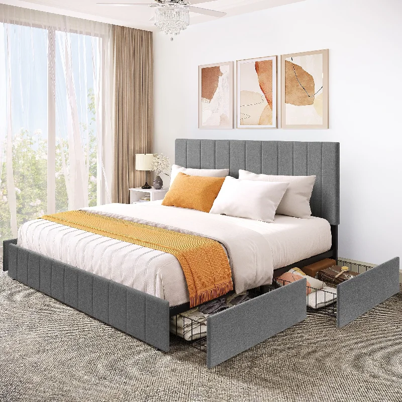 Modern Queen/King Grey Upholstered Bed Frame with Storage Drawers