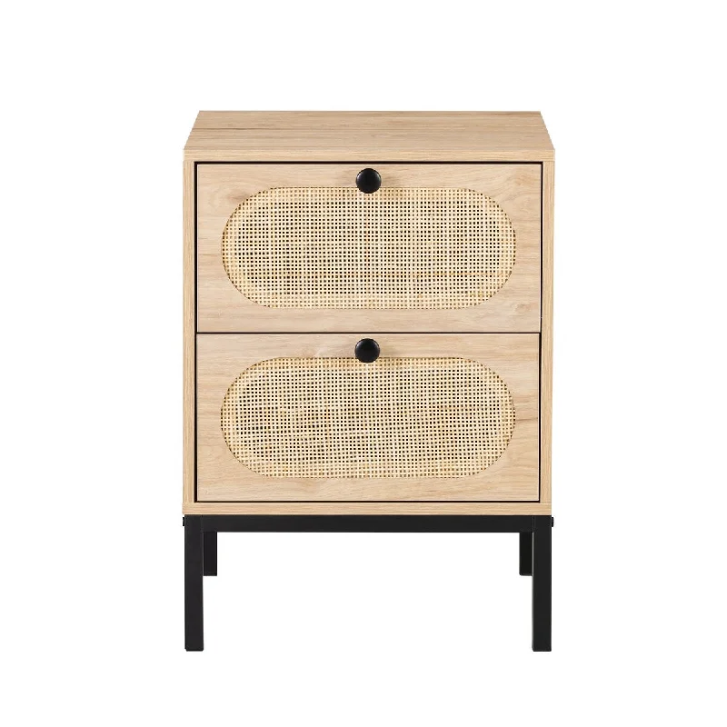 Modern Rattan Bedside Table MDF Board Nightstand Metal Base Bedside Cabinet with 2 Drawer