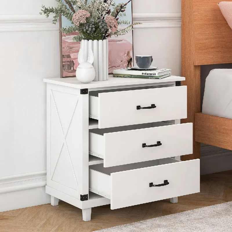 Modern Side X-Pattern Decor 3-drawer Nightstand with Pull Handle for Bedroom, 27.4''L*15.7''W*27.9''H