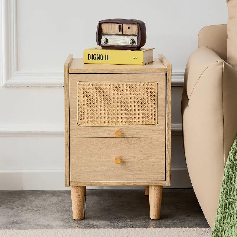 Modern Wooden Bedside Cabinet with Japanese Rattan Design - Minimalist Style, MDF Board Material, Easy Assembly