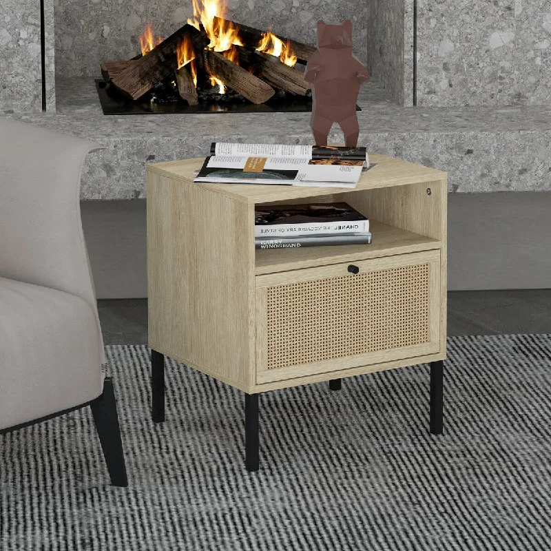 Natural Rattan, 1 Door Nightstand, Accent Side or End Table, Storage for Living Room or Nightstand for Bedroom