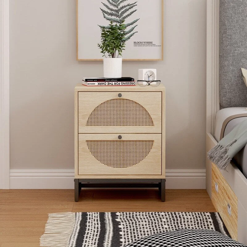 Natural Rattan Nightstand with 2 Drawers, Bedroom Bedside Table