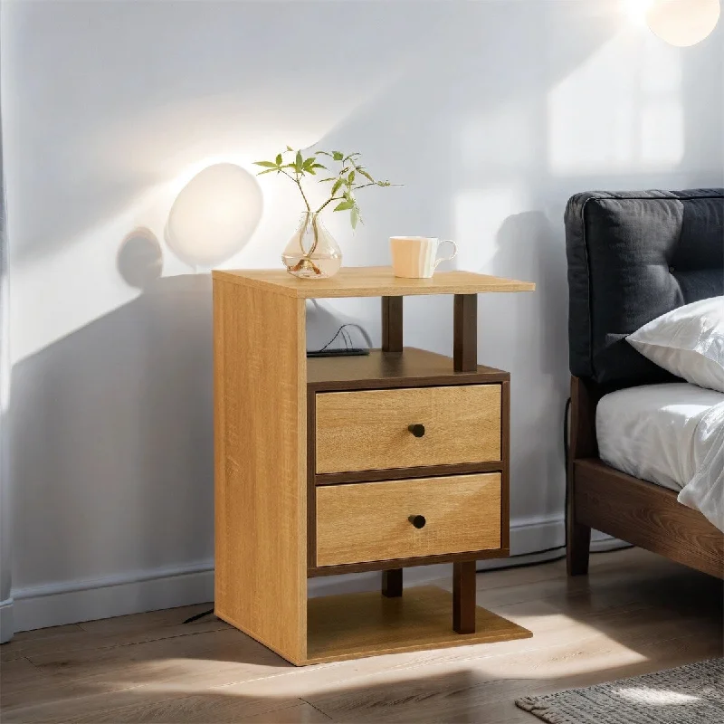 Nightstand, Bed Side Table with 2 Drawers, USB Ports & Outlets