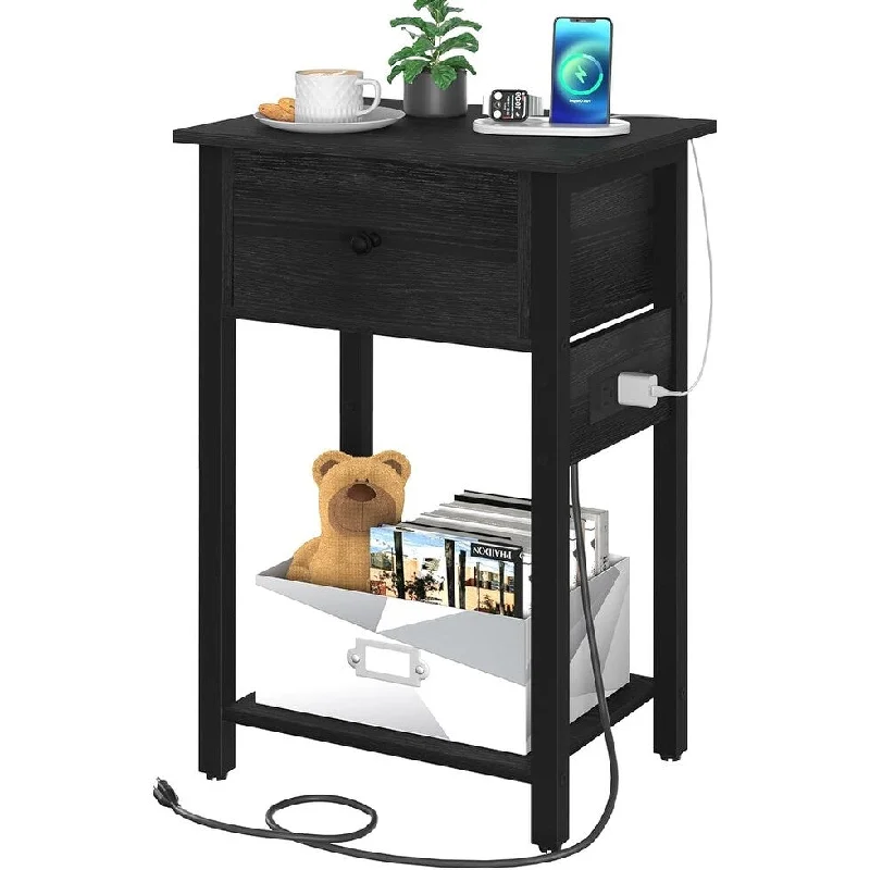 Nightstand with Charging Station, Bedside Tables and Shelf, 11.81"D x 15.75"W x 23.62"H