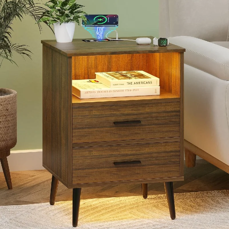 Nightstand with Wireless Charging Station Smart Bedside Tables LED 15.7"D x 17.7"W x 25.6"H