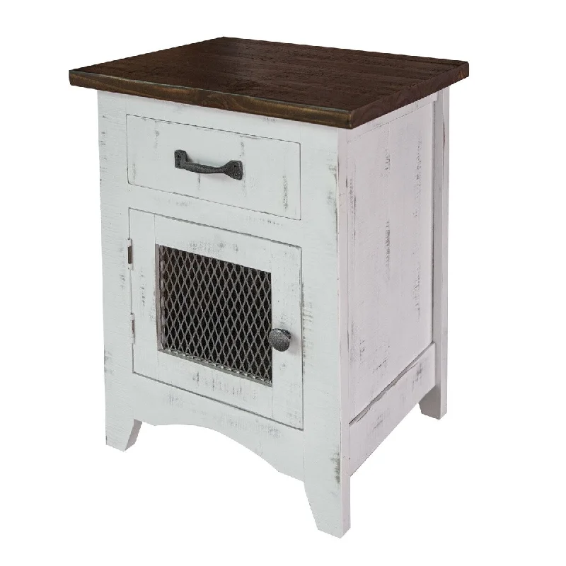 Nino 27 Inch Bedside Nightstand Pine Wood 1 Drawer 1 Mesh Door White