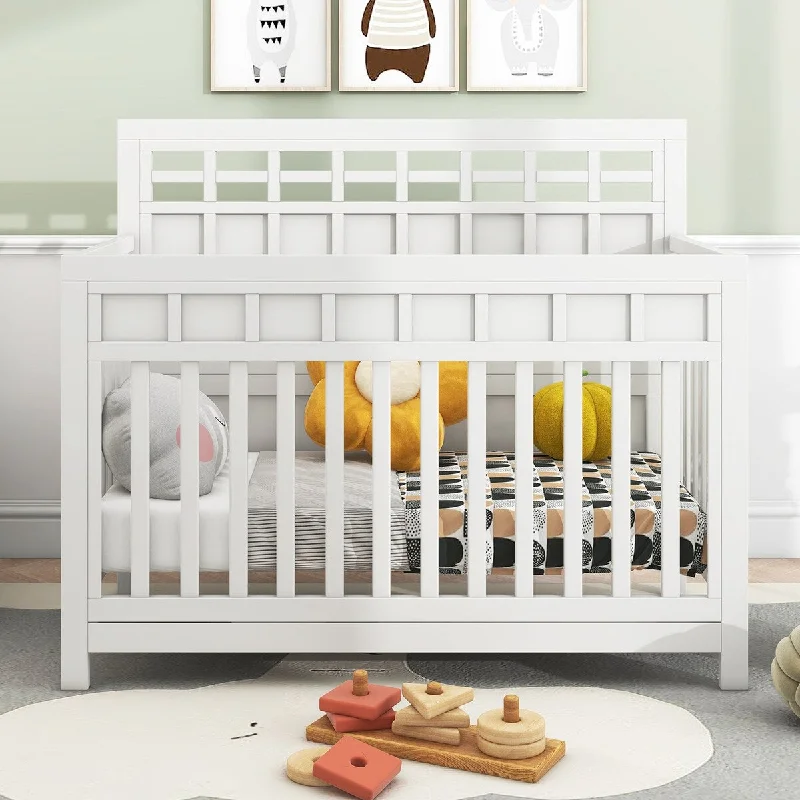 Pine Convertible Crib Baby Toddler Bed w 3 Adjustable Mattress Height, Baby-Safe Finish, Non-Toxic Finish, White