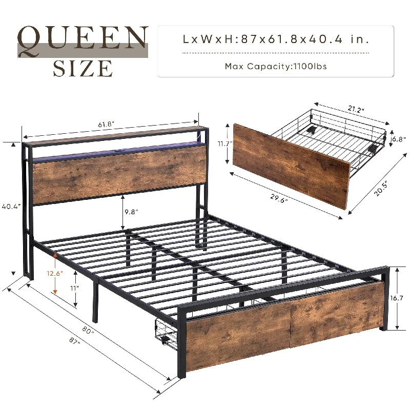 Platform Bed with Storage Headboard, 2 Drawers, LED Lights and Charging Station