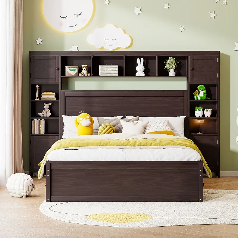 Queen Platform Bed wAll-in-One Cabinet, Power Outlet, Shelf, 4 Drawers