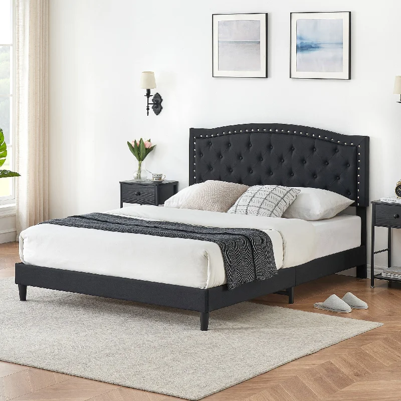 Queen Size Bed Frame with Button Tufted Headboard