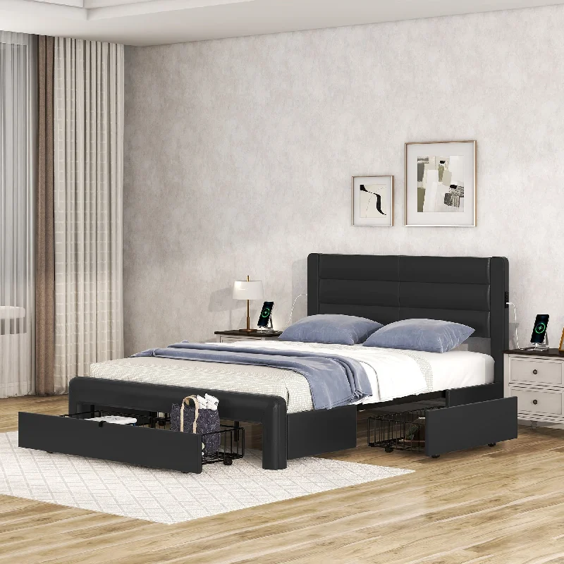 Queen Size Bed Frame with Drawers Storage