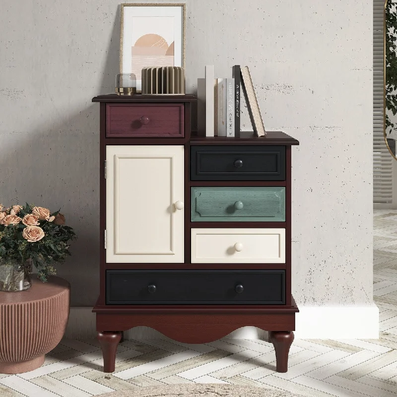 Retro, Stylish Functional Bedroom Nightstand, Classic Vintage Living Room Cabinet With Five Drawers and One Storage Cabinet