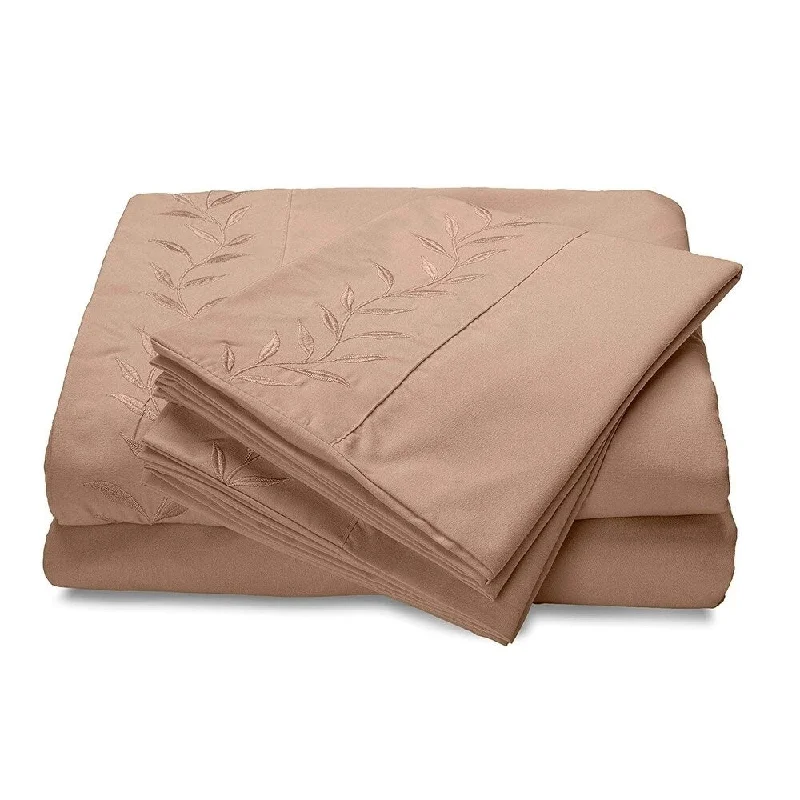 Reversifi Embroidered Bed Sheets Set Soft Brushed Microfiber Twin, Amphora/Taupe