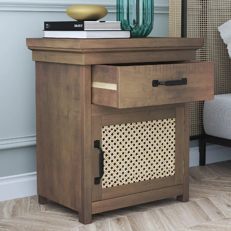 Rustic Reclaimed Finished Wood Bedside Nightstand with 1 Drawer&1 Large Flipping Rattan Cabinet, Square Tapered Wood Legs