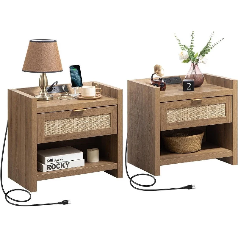 Set of 2 Nightstands Rattan Bed Side Table 15.4"D x 23.6"W x 22.1"H