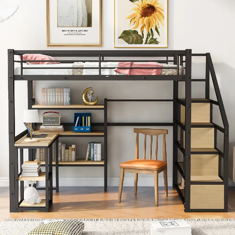 Simple Style Metal Loft Bed with Storage Staircase, Shelves Underneath - Loft Metal Bed with All-in-one Multiple Shelves Desk