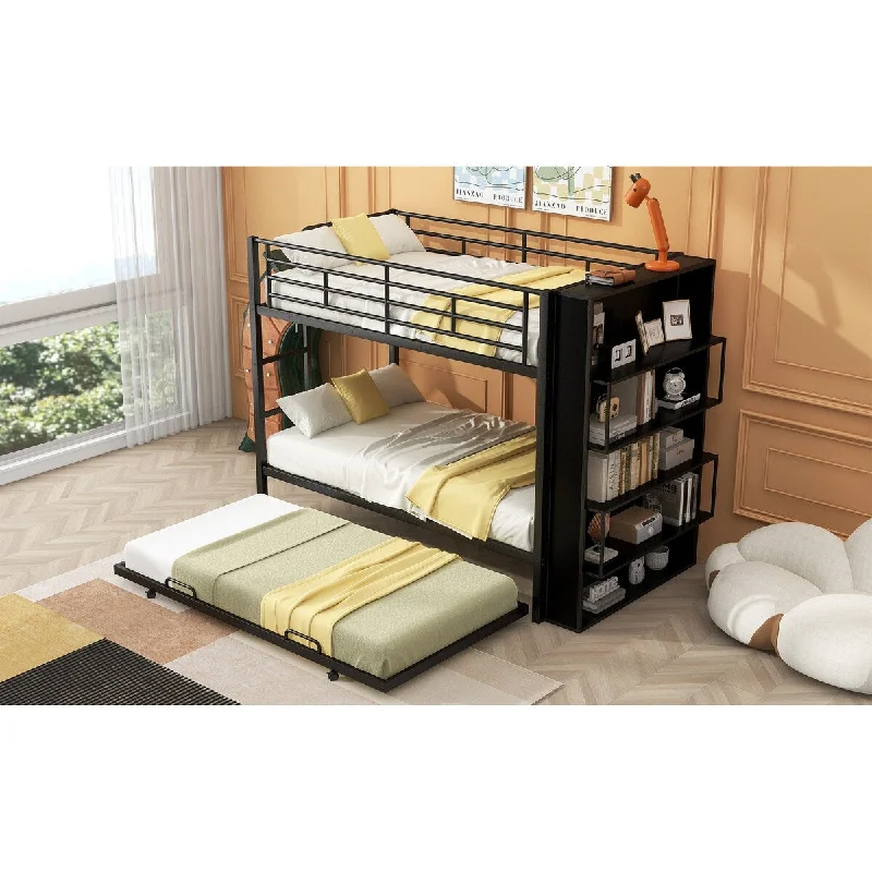 Sleek Modern Tubular Metal Bunk Bed Twin Over Twin with Side Big Bookshelf Frame, Black Bunk-Beds with Pull Out Trundle Bed