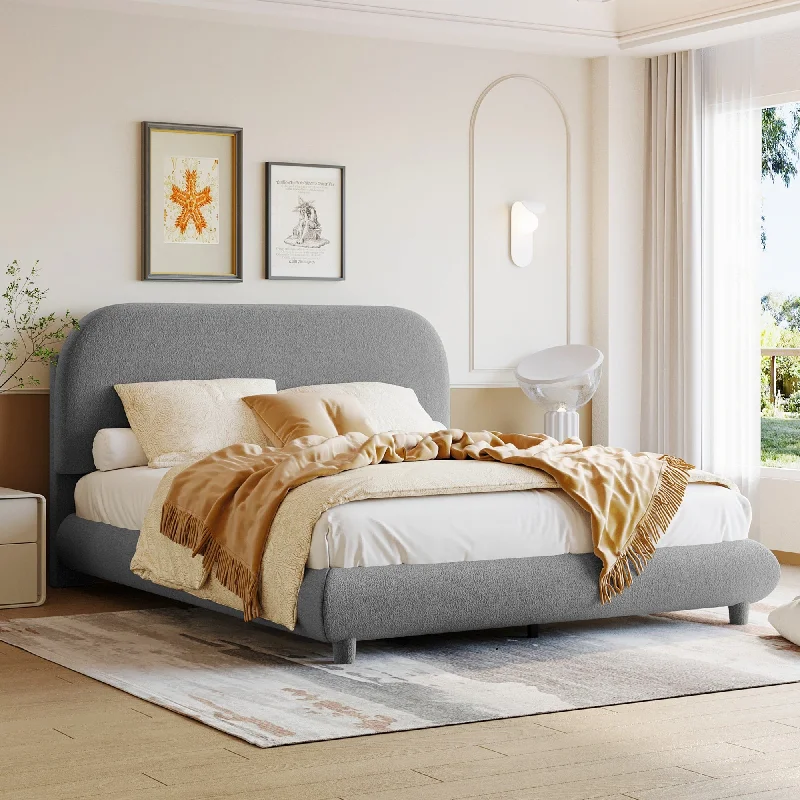 Stylish Curve-shaped Teddy Fleece Platform Bed with Thick Fabric Upholstered Solid Wood Slat Support Low Profile Panel Bed Frame