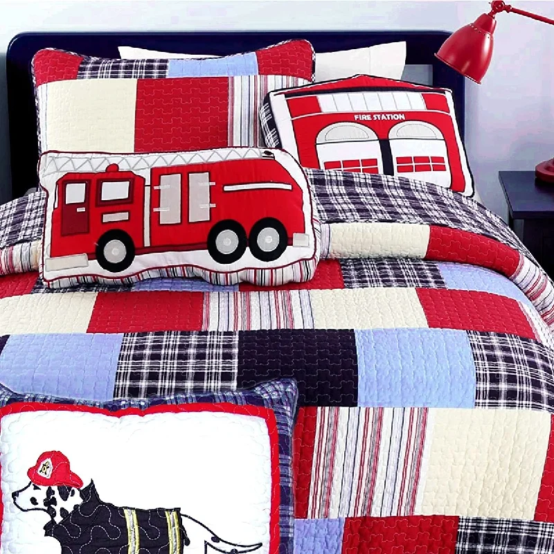 Thomas Firetruck Blue Red Plaid Patchwork Queen Quilt Bedding Set