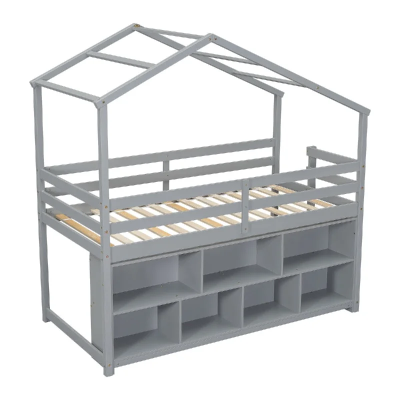 Twin House Loft Bed wRoof, Under Bed Storage Shelves, Ladder - Grey