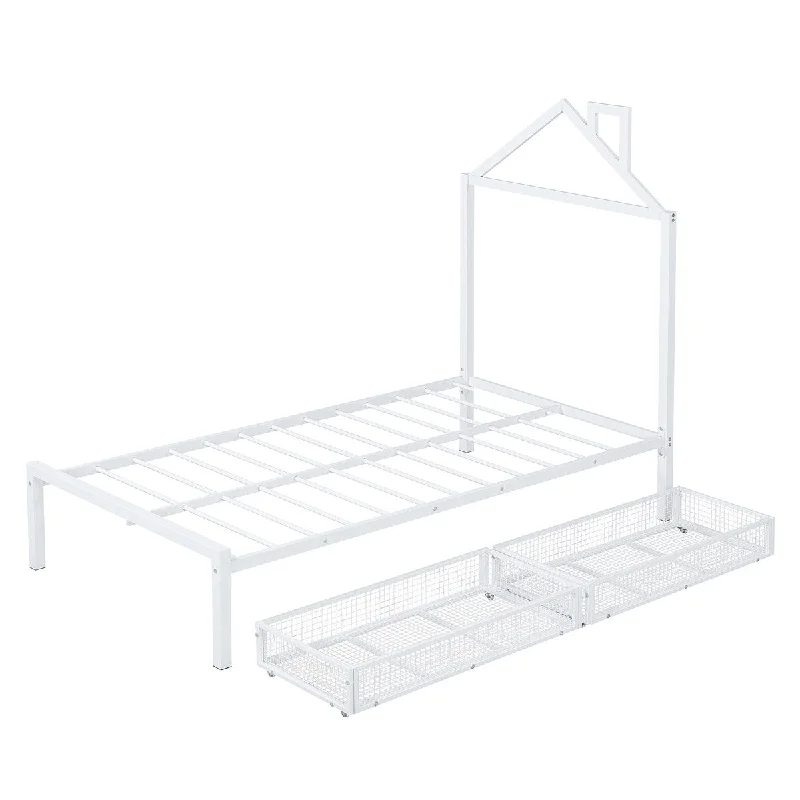 Twin Metal Platform Bed with 2 Drawers & House-Shaped Headboard, White