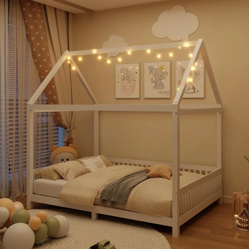 Twin or Full Size Wooden House Bed with Guardrails, Cute Kids Platform Bed Frame with Roof and LED Lights