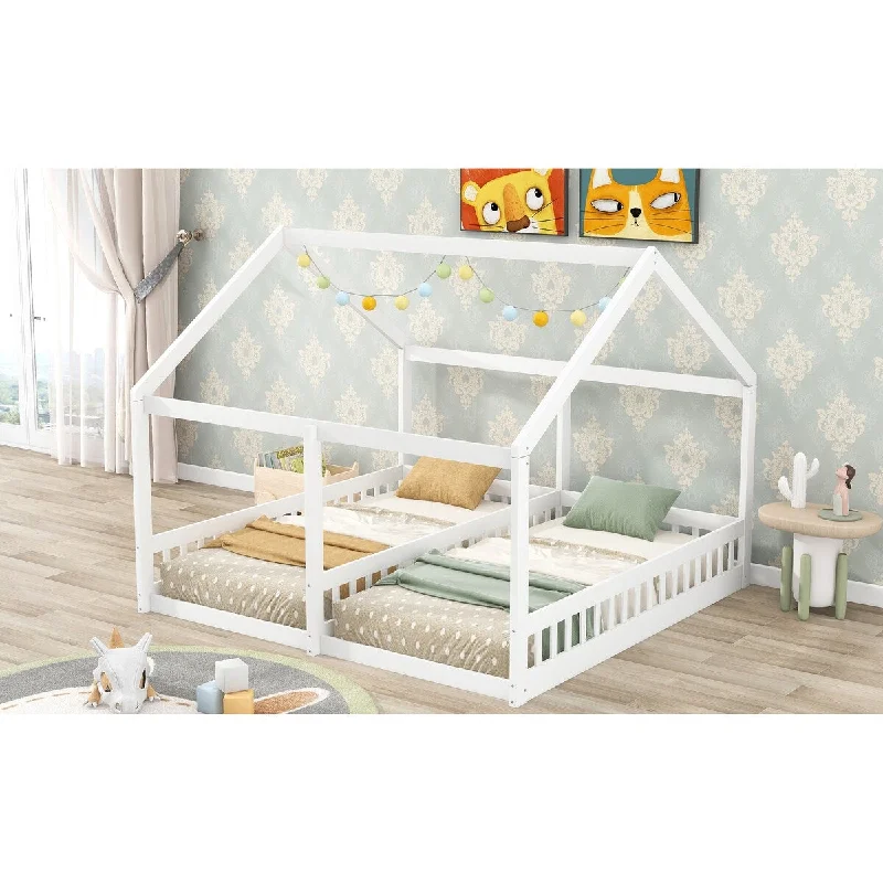 Twin Platform Beds with Roof, Fence, Shared Beds for 2 Kids Double Bed