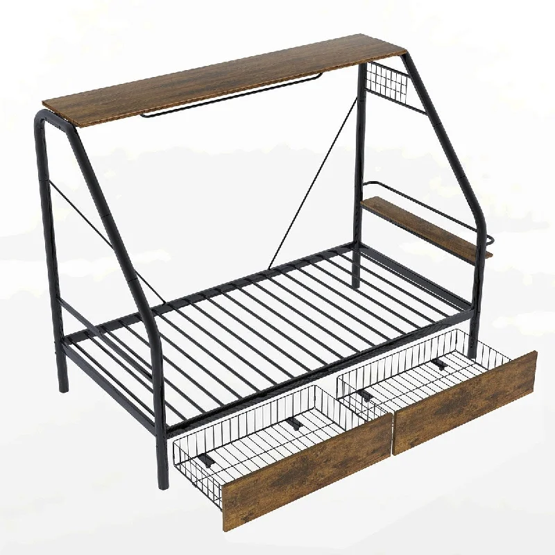 Twin Size Metal Storage Platform Bed with Clothes Rack, Black