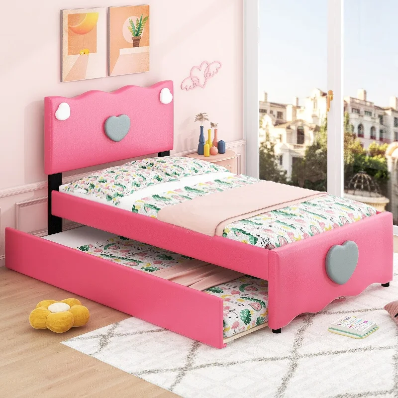 Upholstered Platform Bed with Trundle and Heart Shaped Decoration, Wood Bed Frame w/Slat Support, for Kids Bedroom