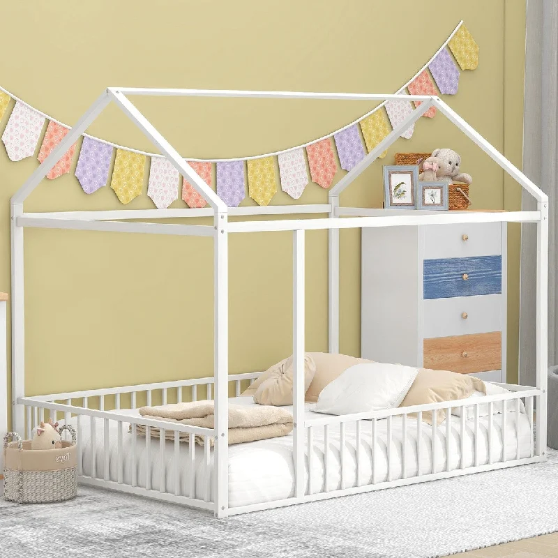 White Full SizeSturdy Metal House Bed Frame for Lasting Support